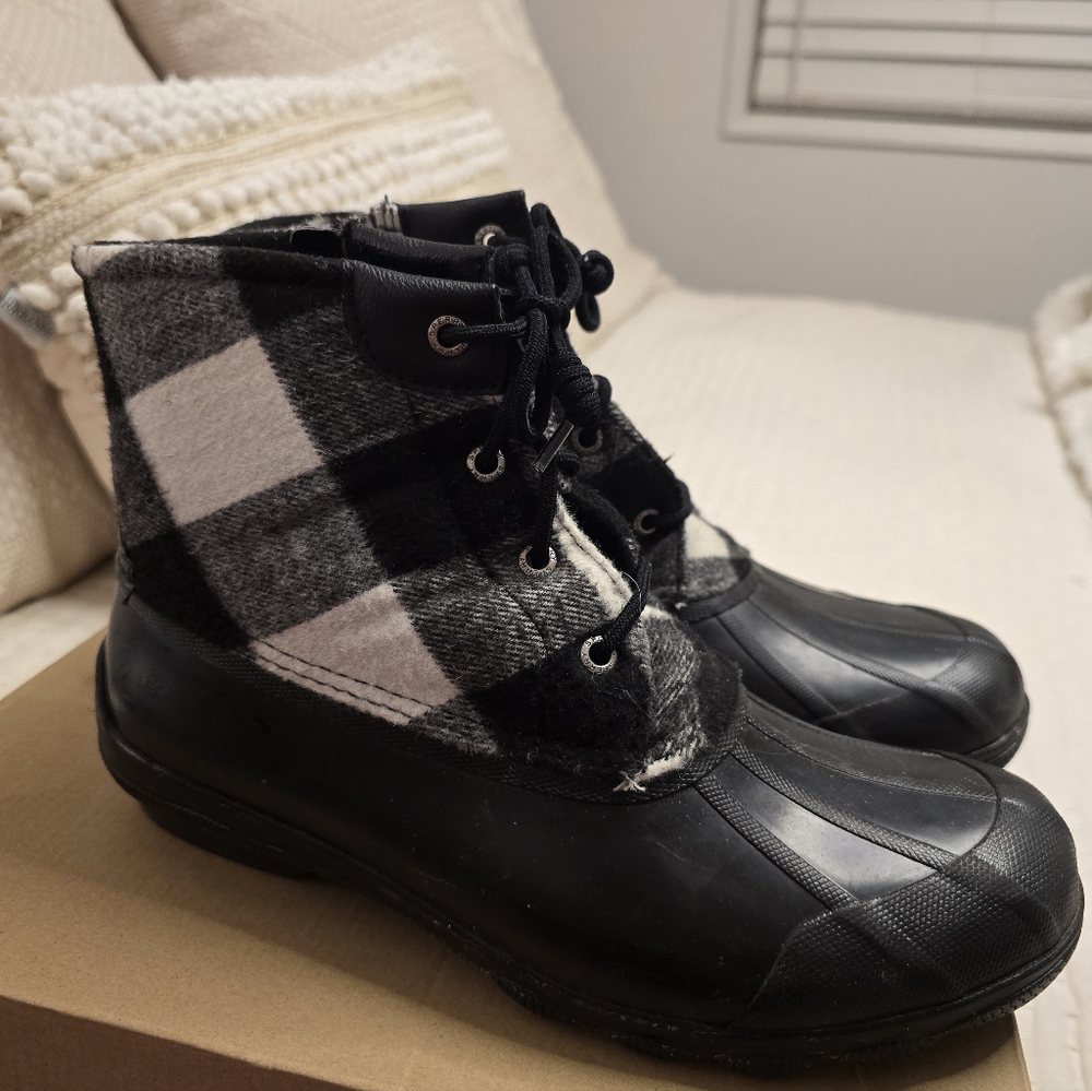 Sperry Saltwater Duck Boots‎ Women's Black Plaid Wool Waterproof Lace Up Ankle